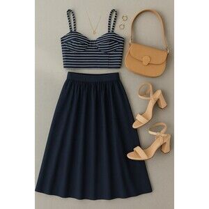 Ronny Kobo Navy And White Stripe Crop Sz M Classic Coconut Girl Beach Vaca